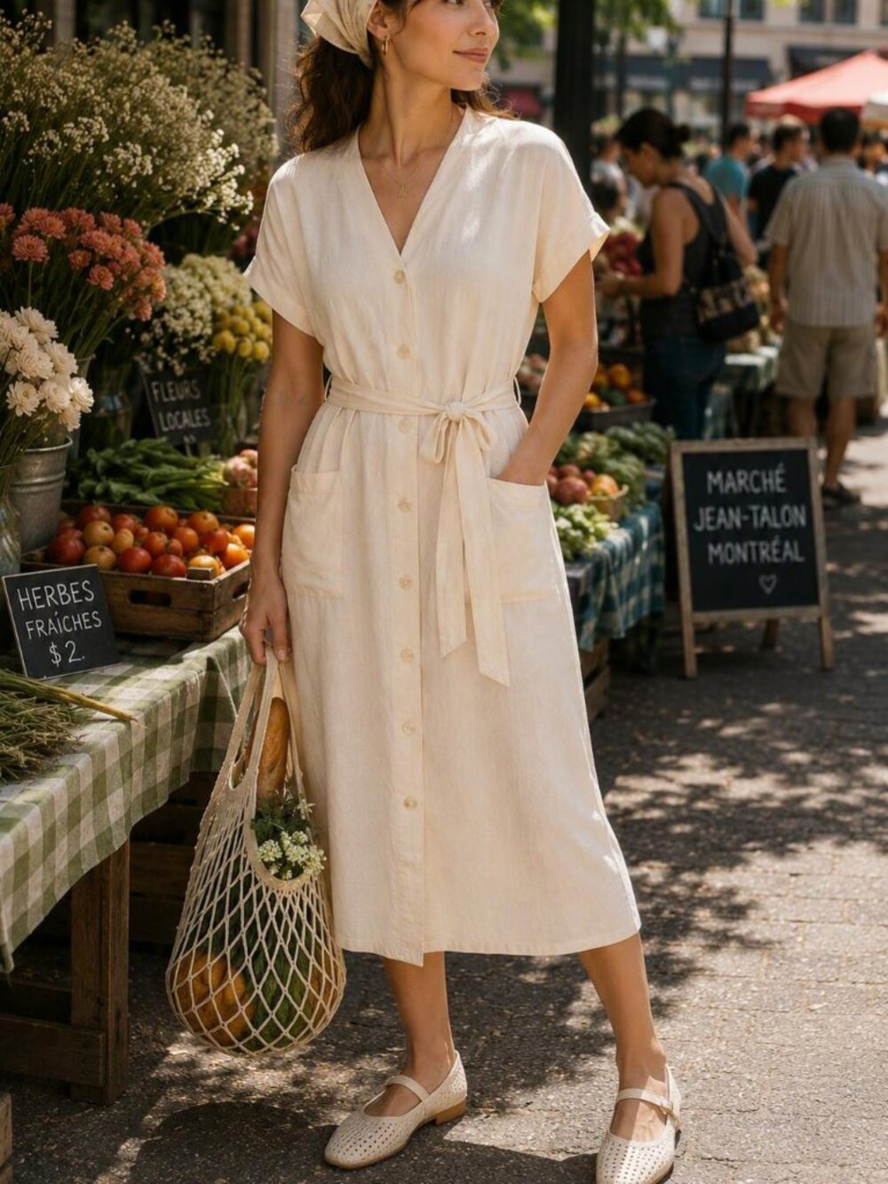 Joie M/L Linen Blend Midi Shirt Dress Cream Tie Belt Pockets Vacation Coastal
